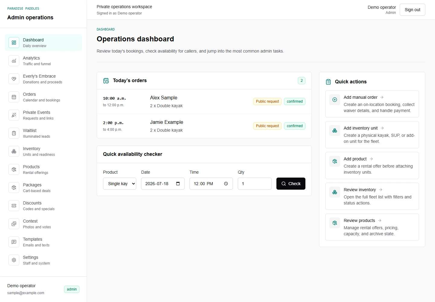 Paradise Paddles booking dashboard with fictional sample bookings